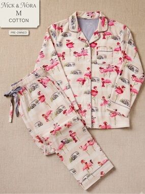 Nick & Nora Cotton Flannel Flamingo Pajama Set Women’s M Pink & Cream